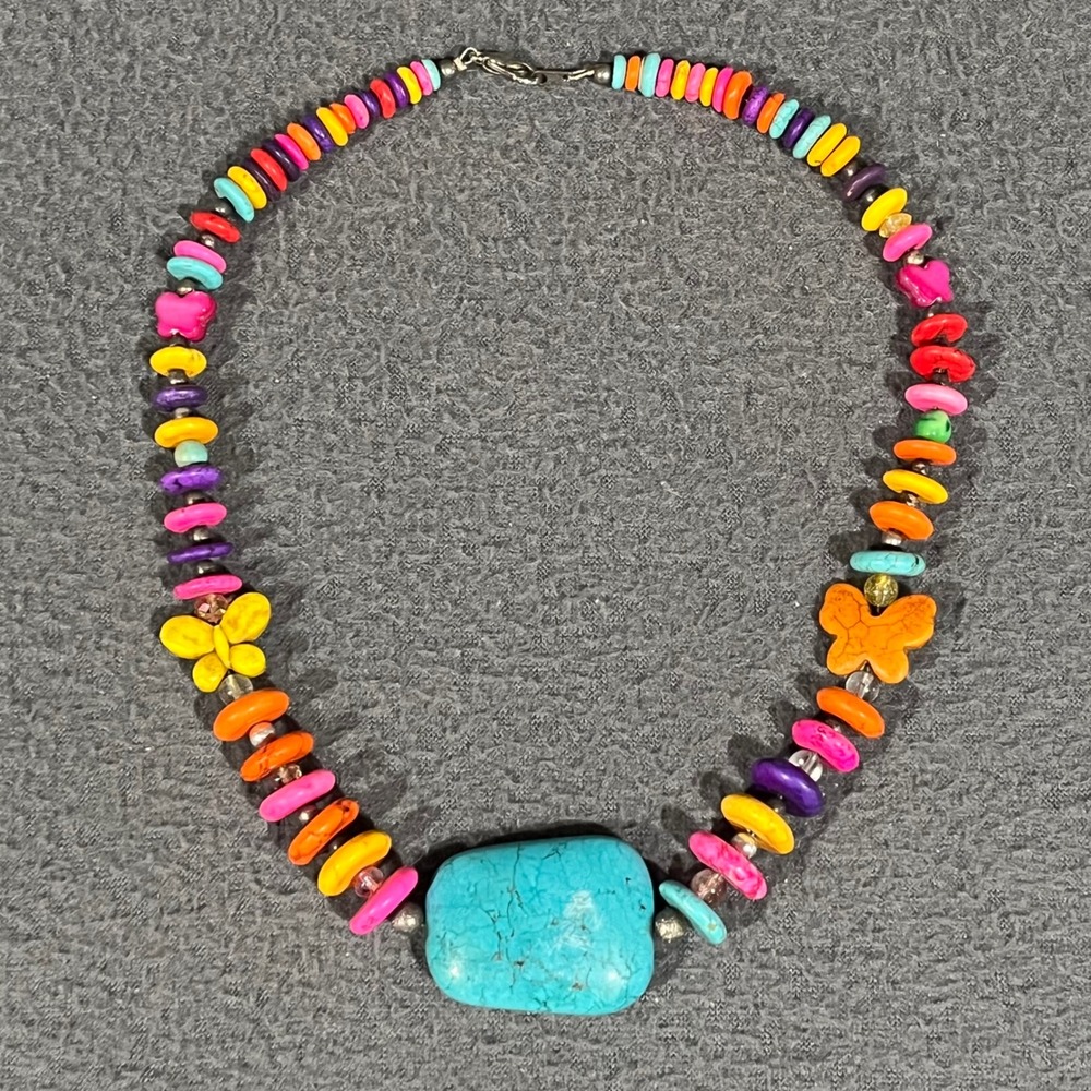 Southwestern Beaded Necklace Womens 19in Multicolor Stone Butterfly Boho